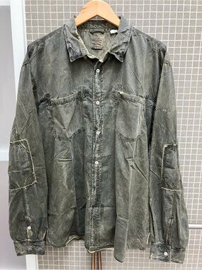 Triple Five Soul Distressed Olive Green Button-Down Shirt